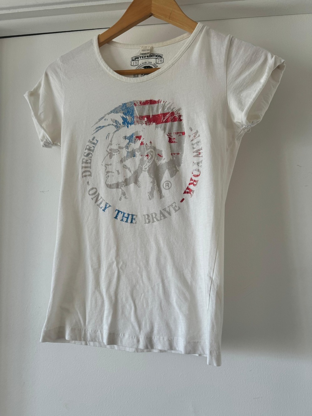Diesel White Short Sleeve Graphic Tee with American flag